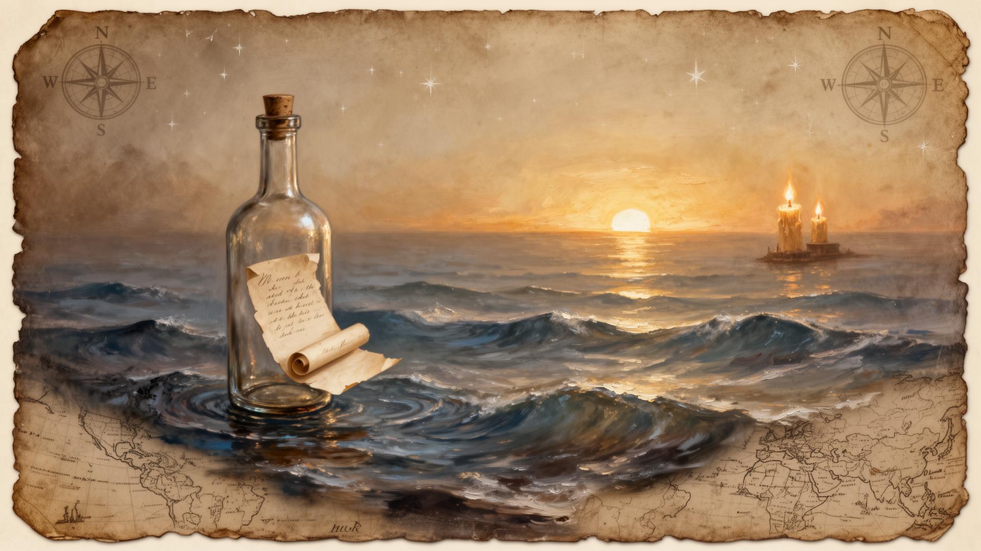 A glass bottle with a paper letter floating on a calm sunset sea